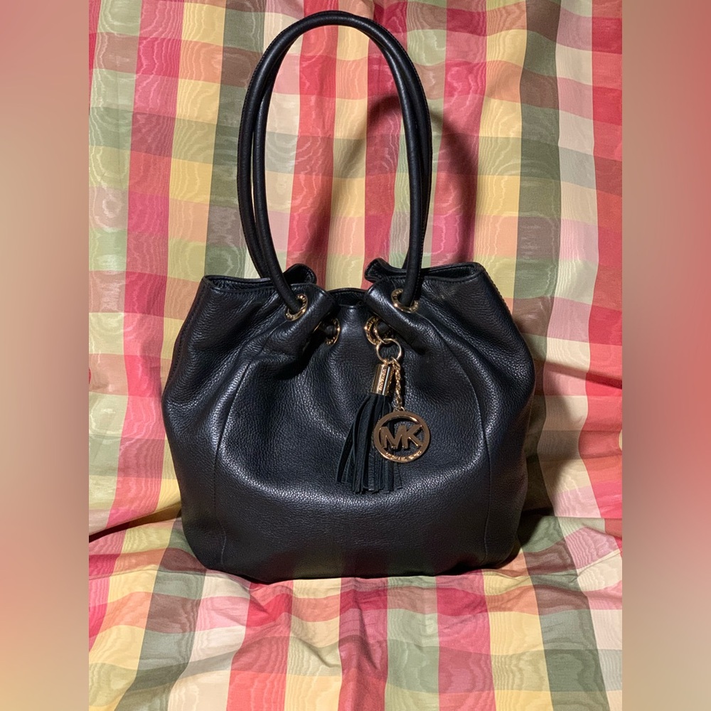 Michael Kors Black Leather Shoulder Bag with Gold Accents